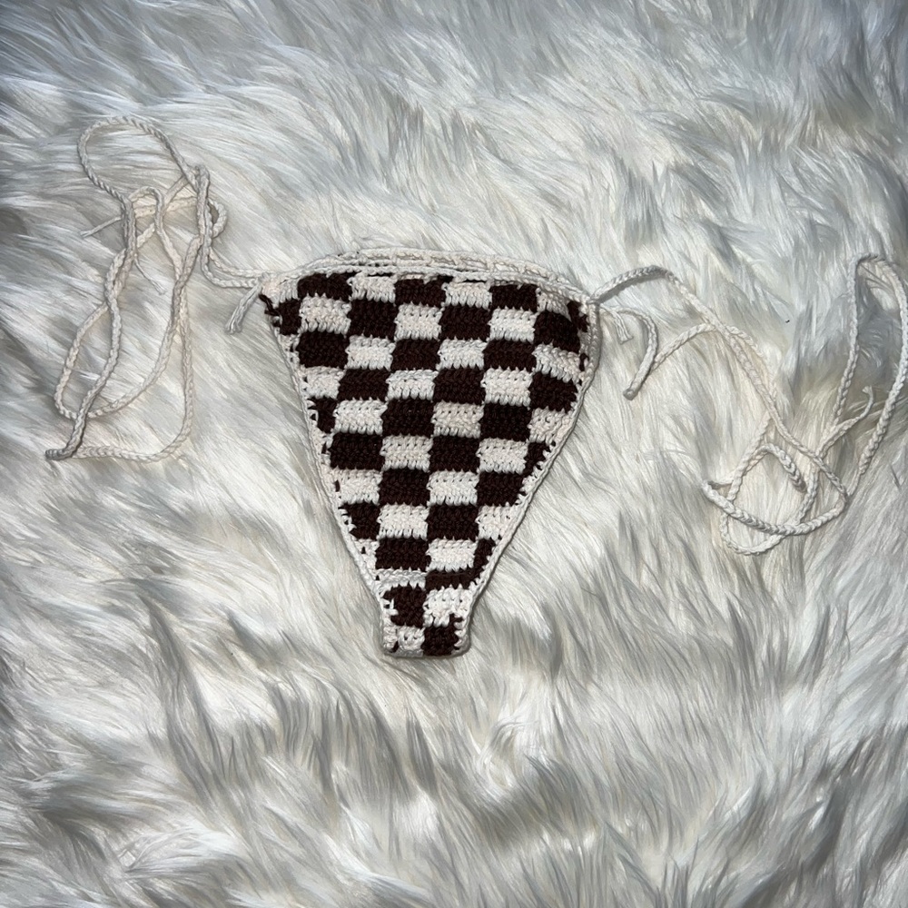 Crochet checkered Bikini bottoms with string ties brown/cream